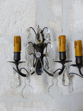 Load image into Gallery viewer, 1900 Gorgeous antique PAIR Wall Light Clear Crystal Drop Sconces Prisms Bronze
