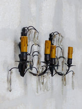 Load image into Gallery viewer, 1900 Gorgeous antique PAIR Wall Light Clear Crystal Drop Sconces Prisms Bronze