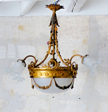 Load image into Gallery viewer, 19TH Antique French 3 Arms Ormolu Bronze Brass Chandelier Cut Crystal Ceiling