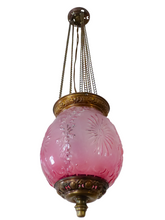 Load image into Gallery viewer, Gorgeous French Lantern Baccarat Style 1900 Brass Chandelier Ceiling Pink Glass