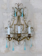 Load image into Gallery viewer, MURANO Antique Wall Light Aqua Blue Opaline Drops Crystal Prisms 1930 Chandelier