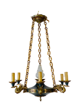 Load image into Gallery viewer, Antique French 6 Arms Ormolu Bronze Brass Tole Chandelier Ceiling Empire 1930 #2