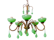 Load image into Gallery viewer, RARE Antique Chandelier Green Opaline Drops Cup Beads 1930 MURANO 5 lights