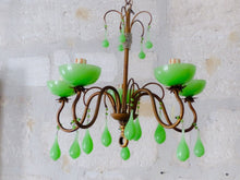 Load image into Gallery viewer, RARE Antique Chandelier Green Opaline Drops Cup Beads 1930 MURANO 5 lights