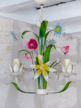 Load image into Gallery viewer, 60's Charming Florentine Chandelier Enameled Metal Tole Flower Italian Ceiling 2