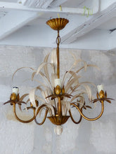 Load image into Gallery viewer, Vintage Gilded Enameled Flower Chandelier Ceiling Regency Mid Century HANS KOGL