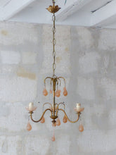 Load image into Gallery viewer, 1930 Antique Chandelier Pink Opaline Drops cup beads Murano Rare 3 lights Wall