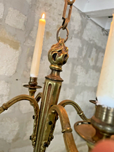 Load image into Gallery viewer, 1900 Antique French Bronze Brass Candlestick Chandelier Ceiling Flame Louis XVI