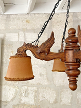 Load image into Gallery viewer, Nice Vintage French Carved Wood Gothic Chimera Chandelier 4 Lights Gargoye 1950