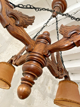 Load image into Gallery viewer, Nice Vintage French Carved Wood Gothic Chimera Chandelier 4 Lights Gargoye 1950