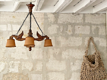 Load image into Gallery viewer, Nice Vintage French Carved Wood Gothic Chimera Chandelier 4 Lights Gargoye 1950
