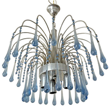 Load image into Gallery viewer, Vintage Waterfall Chandelier Blue Glass Drops 1970 MURANO Chrome VENINI Ceiling