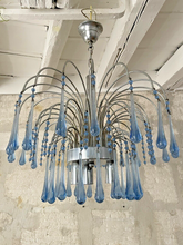 Load image into Gallery viewer, Vintage Waterfall Chandelier Blue Glass Drops 1970 MURANO Chrome VENINI Ceiling