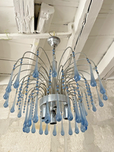Load image into Gallery viewer, Vintage Waterfall Chandelier Blue Glass Drops 1970 MURANO Chrome VENINI Ceiling