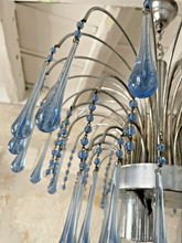 Load image into Gallery viewer, Vintage Waterfall Chandelier Blue Glass Drops 1970 MURANO Chrome VENINI Ceiling