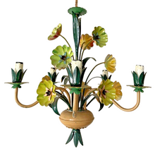 Load image into Gallery viewer, Charming Florentine Chandelier Painted Tole Metal Flowers 70's Italian Ceiling