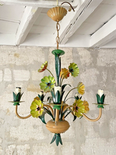 Load image into Gallery viewer, Charming Florentine Chandelier Painted Tole Metal Flowers 70's Italian Ceiling