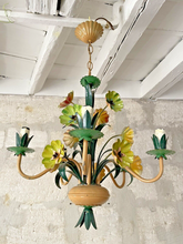Load image into Gallery viewer, Charming Florentine Chandelier Painted Tole Metal Flowers 70's Italian Ceiling