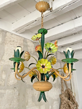 Load image into Gallery viewer, Charming Florentine Chandelier Painted Tole Metal Flowers 70's Italian Ceiling