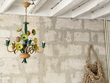 Load image into Gallery viewer, Charming Florentine Chandelier Painted Tole Metal Flowers 70's Italian Ceiling