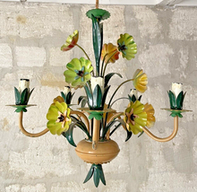 Load image into Gallery viewer, Charming Florentine Chandelier Painted Tole Metal Flowers 70's Italian Ceiling