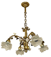 Load image into Gallery viewer, Rare French Antique Bronze Louis XVI Chandelier Porcelain Flowers Ribbon Foliage