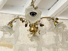 Load image into Gallery viewer, Rare French Antique Bronze Louis XVI Chandelier Porcelain Flowers Ribbon Foliage