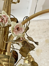 Load image into Gallery viewer, Rare French Antique Bronze Louis XVI Chandelier Porcelain Flowers Ribbon Foliage