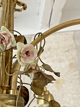 Load image into Gallery viewer, Rare French Antique Bronze Louis XVI Chandelier Porcelain Flowers Ribbon Foliage