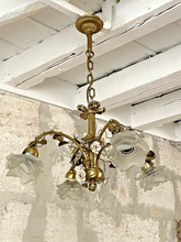 Load image into Gallery viewer, Rare French Antique Bronze Louis XVI Chandelier Porcelain Flowers Ribbon Foliage
