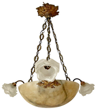 Load image into Gallery viewer, 1900 Gorgeous Antique French Alabaster Pendant Chandelier Ceiling Gilded Bronze