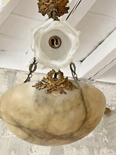 Load image into Gallery viewer, 1900 Gorgeous Antique French Alabaster Pendant Chandelier Ceiling Gilded Bronze