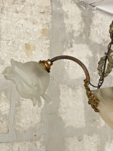 Load image into Gallery viewer, 1900 Gorgeous Antique French Alabaster Pendant Chandelier Ceiling Gilded Bronze