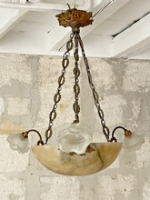 Load image into Gallery viewer, 1900 Gorgeous Antique French Alabaster Pendant Chandelier Ceiling Gilded Bronze