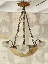 Load image into Gallery viewer, 1900 Gorgeous Antique French Alabaster Pendant Chandelier Ceiling Gilded Bronze