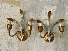 Load image into Gallery viewer, Gorgeous Florentine PAIR Wall Light Gilt Enameled Metal Tole 1980 Italian