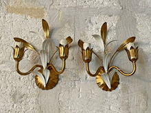 Load image into Gallery viewer, Gorgeous Florentine PAIR Wall Light Gilt Enameled Metal Tole 1980 Italian