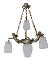 Load image into Gallery viewer, RARE Antique French 3x Cherubs Spelter & Glass Chandelier Ceiling Putti 5 Lights