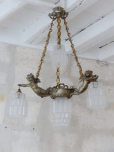 Load image into Gallery viewer, RARE Antique French 3x Cherubs Spelter & Glass Chandelier Ceiling Putti 5 Lights