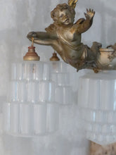 Load image into Gallery viewer, RARE Antique French 3x Cherubs Spelter & Glass Chandelier Ceiling Putti 5 Lights