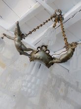 Load image into Gallery viewer, RARE Antique French 3x Cherubs Spelter & Glass Chandelier Ceiling Putti 5 Lights