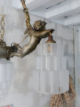 Load image into Gallery viewer, RARE Antique French 3x Cherubs Spelter & Glass Chandelier Ceiling Putti 5 Lights