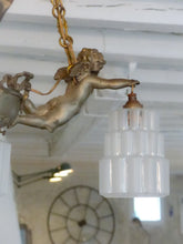 Load image into Gallery viewer, RARE Antique French 3x Cherubs Spelter & Glass Chandelier Ceiling Putti 5 Lights