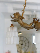 Load image into Gallery viewer, RARE Antique French 3x Cherubs Spelter & Glass Chandelier Ceiling Putti 5 Lights