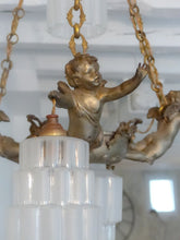 Load image into Gallery viewer, RARE Antique French 3x Cherubs Spelter & Glass Chandelier Ceiling Putti 5 Lights