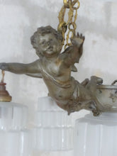 Load image into Gallery viewer, RARE Antique French 3x Cherubs Spelter & Glass Chandelier Ceiling Putti 5 Lights