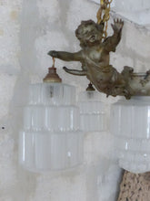 Load image into Gallery viewer, RARE Antique French 3x Cherubs Spelter & Glass Chandelier Ceiling Putti 5 Lights