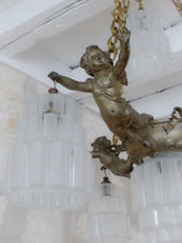 Load image into Gallery viewer, RARE Antique French 3x Cherubs Spelter & Glass Chandelier Ceiling Putti 5 Lights