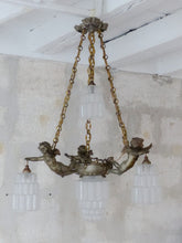 Load image into Gallery viewer, RARE Antique French 3x Cherubs Spelter & Glass Chandelier Ceiling Putti 5 Lights