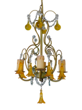 Load image into Gallery viewer, Vintage Chandelier Amber Glass Drops Prisms Beads 1930 Italian Ceiling 4 Lights